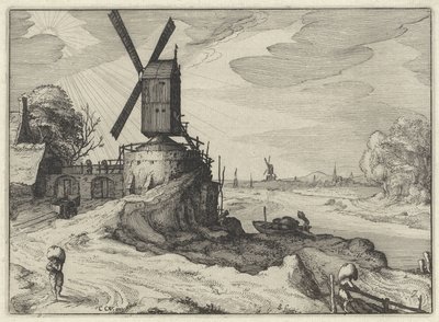 Nehir kenarındaki yel değirmeni Hollanda manzaraları (dizi başlığı) Amaeniores Aliquot Regiunculae (nesne üzerinde dizi başlığı) by Claes Jansz. Visscher (II)