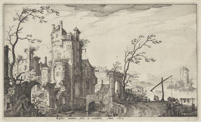 Su üzerinde harap şehir kapısı by Claes Jansz. Visscher (II)