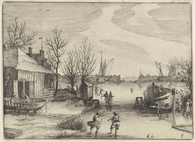 Donmuş bir kanalda tersane Hollanda manzaraları (dizi başlığı) Amaeniores Aliquot Regiunculae (nesne üzerinde dizi başlığı) by Claes Jansz. Visscher (II)