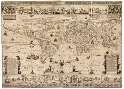 Levha, kart üzerine yapıştırılmış sekiz kesit ve bir gravürün birleşiminden oluşmaktadır. Ölçek: yaklaşık 1:35.000.000. by Claes Jansz Visscher
