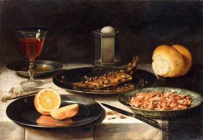 Kaparili Ringa, Tabakta Dilimlenmiş Portakal, Masada Bir Kase Karides, by Charlotte Evans