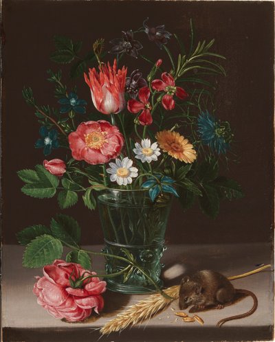 Kemiren bir fare ile bir vazoda çiçekler. by Clara Peeters