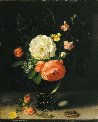 Çekirge ve kurbağa ile bir vazoda çiçekler. by Clara Peeters