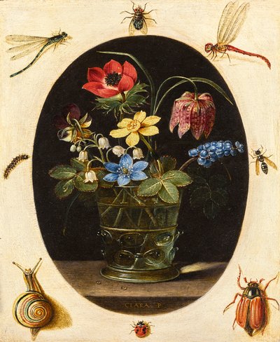 Böcekler ve Salyangozla Çevrili Çiçeklerle Natürmort by Clara Peeters