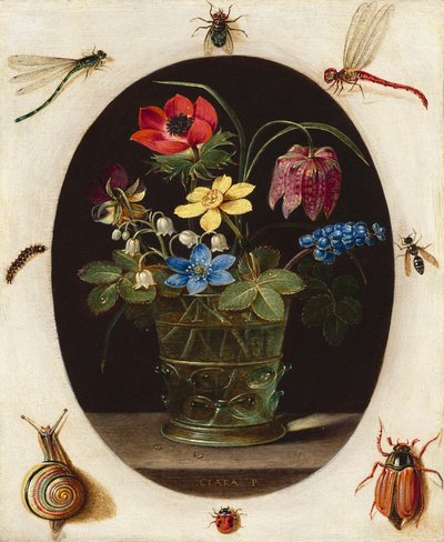 Etrafı Böcekler ve Bir Salyangozla Çevrili Çiçeklerle Natürmort, c.1610 (bakır üzerine yağlıboya) by Clara Peeters