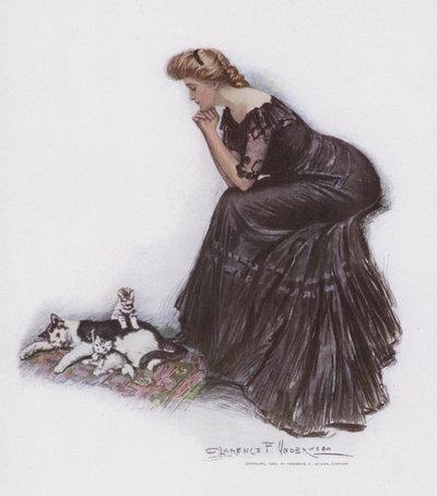 Bir kediyi ve yavrularını izleyen kadın by Clarence F. Underwood