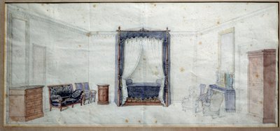 Yatak odası (şifonyer, kanepe, koltuk ve sayvanlı yatak ile). Claude Aime Chenavard (1798-1838) tarafından suluboya by Claude Amie Chenavard