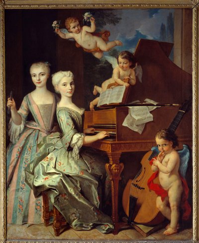 Adelaide de Gueidan ve klavsendeki kız kardeşi: Adelaide (1725-1786) ve kız kardeşi Catherine (1726-1759) büyük bir Provence ailesinin üyeleridir. Onlar müzikal meleklerle çevrilidir. 1735-1740. Claude Arnulphy (1697-1786) tarafından Tuval Üzerine Yağlıboy by Claude Arnulphy