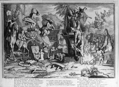 Şabat törenleri, iblisler, cadılar ve dans eden canavar yaratıklar. Gillot tarafından gravür by Claude Gillot