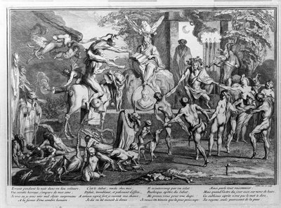 Şabat töreni, iblisler, cadılar ve canavarca yaratıklar dans ediyor. Gillet tarafından gravür by Claude Gillot
