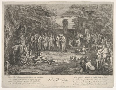 Evlilik Le Mariage: Bir ormanda, yaşlı bir satir nişanlı ile evlenir. 1700-1720. by Claude Gillot