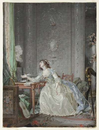 Bir Büstün Öncesinde Genç Bir Bayan Portresi ile İç Mekan by Claude Jean Baptiste Hoin