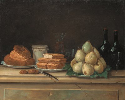Tabaklarda armut ve ekmek, taş bir çıkıntının üzerinde şarap ve bardak şişeleri (tuval üzerine yağlı boya) by Claude Joseph Fraichot