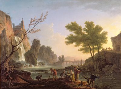 Bir çağlayan ve bir köprü ile bir manzarada balıkçı by Claude Joseph Vernet