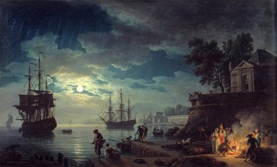 Ay ışığında balık tutma Erkeklerin kamp ateşi yaktığı bir limanın gece manzarası. Joseph Vernet tarafından boyama by Claude Joseph Vernet