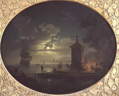 Gece: Rıhtımda bir ateşin yanında Balıkçılar ile Mehtaplı bir kıyı manzarası, ötesinde bir Savaş Adamı by Claude Joseph Vernet