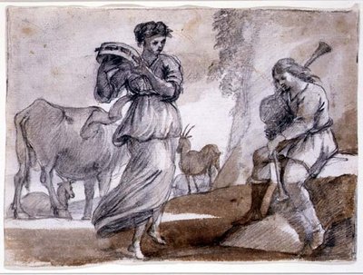 Kırsal Dans (siyah ve kırmızı tebeşir ve kağıt üzerinde yıkama) by Claude Lorrain