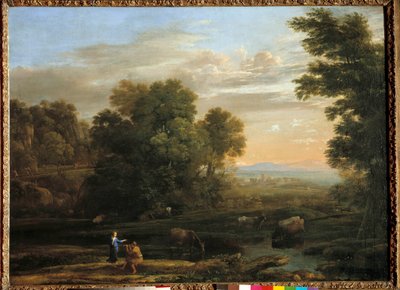 Pastoral Sahne flageolet oynayan çoban ile manzara. Claude Gellee