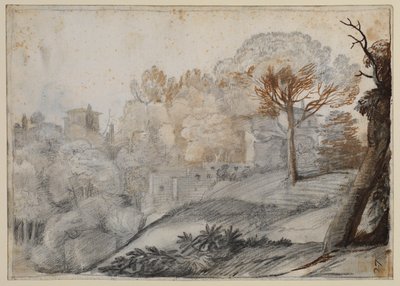 Ağaçlar ve binalar ile manzara by Claude Lorrain