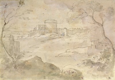 Müstahkem bir kasaba ile manzara (kağıt üzerinde mürekkep ve yıkama) by Claude Lorrain