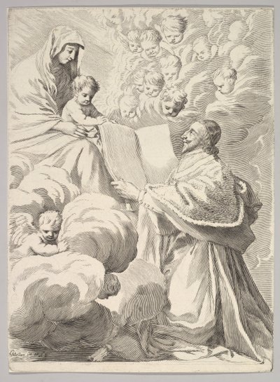 Kardinal Richelieu, Diz çökmüş, Kitabını Bakire ve Çocuğa Sunar, yaklaşık. 1646. by Claude Mellan
