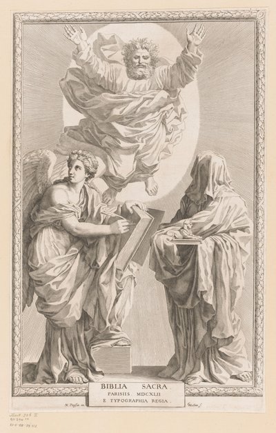 Tarih ve Kehanet kişileştirme ile Tanrı Başlık sayfası: Biblia Sacra, 1642 by Claude Mellan