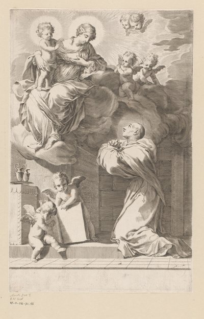 H. Bernard, Bakire ve Çocuğun bir görüntüsünün önünde diz çöküyor Başlık sayfası: Saint Bernardus, Divi Bernardi Abbatis (...), 1640 by Claude Mellan