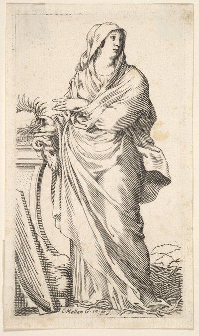 Bir kaidenin yanında duran cüppeli kadın, sağ elinde bir palmiye dalı, bir arp r..., yaklaşık. 1620-88. by Claude Mellan