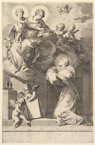 Aziz Bernard Bakire ve Çocuğun Önünde Diz Çöküyor, 1640. by Claude Mellan