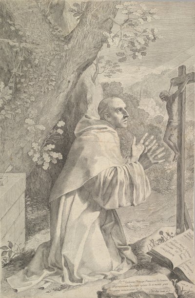 St. Bernard Bir Haç Önünde Diz Çöküyor, yakl. 1655. by Claude Mellan