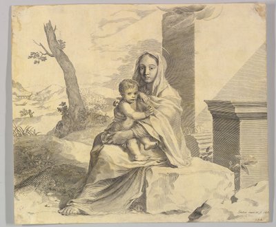 Bakire ve Çocuk Kayanın Üzerinde Oturan Bakire ve Çocuk Harabelerde, 1659. by Claude Mellan