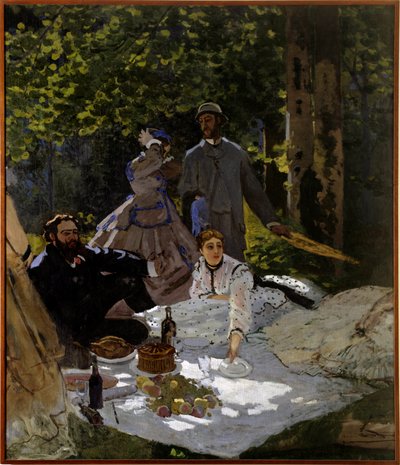 Çim parçası üzerinde kahvaltı. Sol kısım. Sağ taraf: Gustave Courbet, Camille Doncieux ve Frederic Bazille