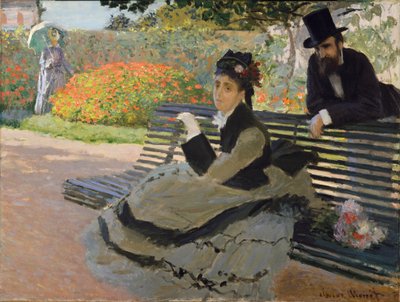 Camille Monet bir bahçe bankında by Claude Monet