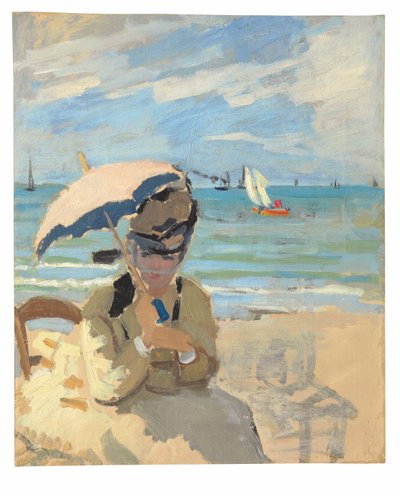 Trouville sahilinde oturan Camille by Claude Monet