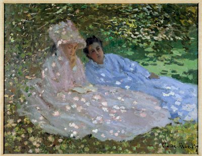 Bayan Monet ve bahçede bir arkadaş. Bir ağacın gölgesinde oturan iki kadın. Claude Monet