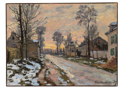 Louveciennes Yolu, eriyen kar, batan güneş, 1869-70 dolayları by Claude Monet
