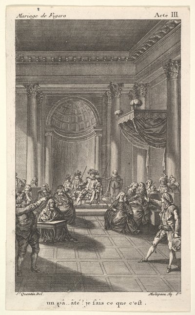 Basamaklı bir platformda bir sandalyede oturan bir adam bir seyirci tutuyor, iki işaret eden adam ayakta..., yakl. 1784. by Claude Nicolas Malapeau