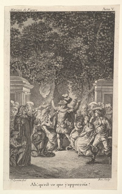 Genç bir çocuk bir bahçede ağaçların altında bir meşale tutuyor, ortada bir adam iki kolunu kaldırıyor, s..., yakl. 1784. by Claude Nicolas Malapeau