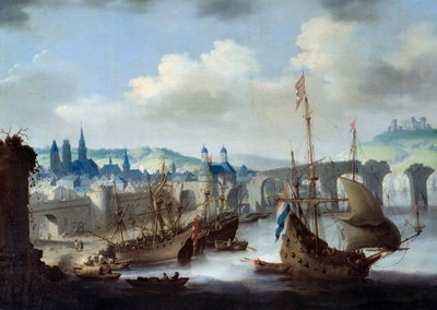 Rouen şehrinin görünümü Gemiler Seine kıyısında demirli. Claude de Jongh tarafından boyama by Claude de Jongh