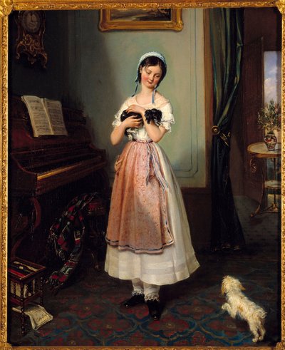 Burjuva bir iç mekanda iki köpeği olan genç bir kız. Tablo Clementine de Bar (1807-1856) 19. yüzyıl Paris, Galerie Garoche by Clementine de Bar