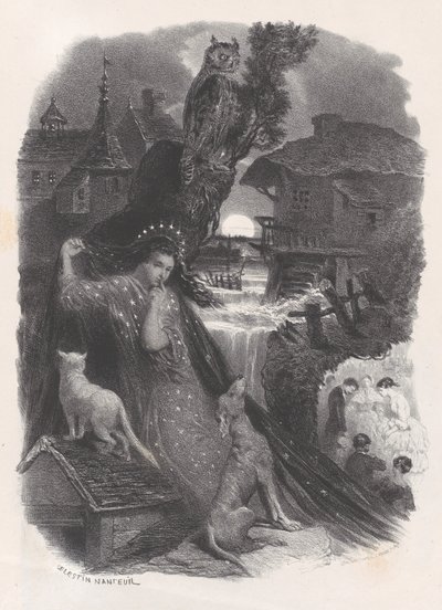 Gece, 18. yüzyıl kostümü içinde gül toplayan kızın skeç, ca. 1830-65. by Célestin Nanteuil