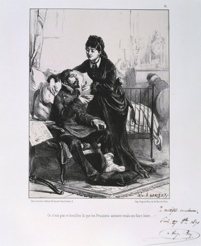 Franco-Prussian War 1870-1871: A wounded soldier being nursed and nourished. From a series of lithographs by Clement August Andrieux on the Gardes Nationales. by Clément Auguste Andrieux