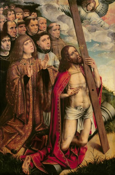 Christ the Mediator with Philip the Handsome (1478-1506) and his Entourage, left hand panel from an altarpiece  (see also 223221) by Colijn de Coter
