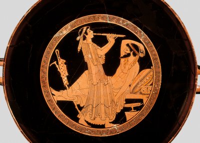 Ziyafet ve çift flüt çalar, kylix veya Attic kırmızı figürlü fincandan detay, MÖ 490 dolayları (pişmiş toprak) by Colmar Painter