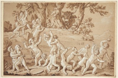Büyük Bir Putti Grubu Bir Boğanın Gelişiyle Dehşete Düştü by Conrad Martin Metz