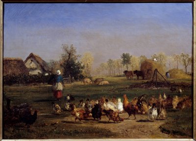 La provende des hens La basse cour (Basse-cour). Constant Troyon (1810-1865) 19. yüzyıl Güneşi tarafından yapılan resim. 0,51x0,7 m - Tavukların yemi. Çiftlik Bahçesi. Constant Troyon