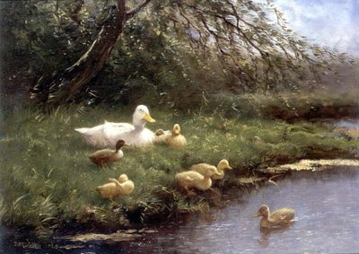 Nehir kenarında bir ördek ailesi (panelde yağ) by Constant Artz