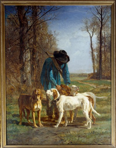 Avcı muhafızlar köpeklerinin yanında durur. Constant Troyon