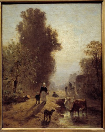 Sabahleyin Köylü aileleri ve şafağın sisi içinde betail. Constant Troyon (1810-1865) 19. yüzyıl Güneşi tarafından yapılan resim. 0,41x0,32 m by Constant Emile Troyon