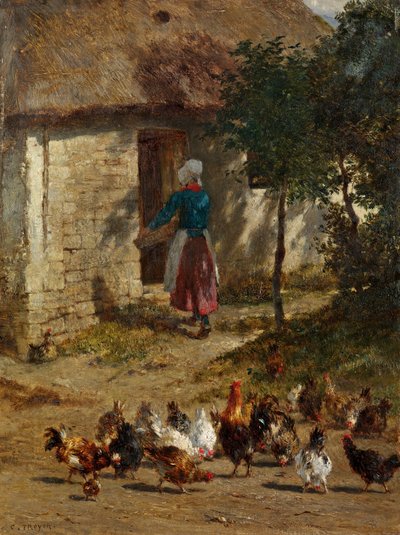 Bir çiftlik evinin önünde tavuklar by Constant Troyon